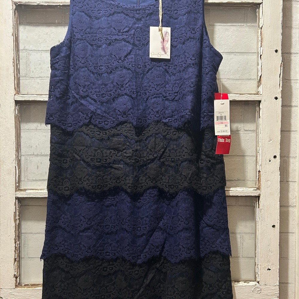 NWT Jessica Simpson Navy Blue Tiered Lace Dress Size 10 Ombre Cocktail $148 MSRP